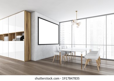 Mockup Canvas Frame In White And Wooden Room With Many Chairs In Office On Parquet Floor, Side View. White Table And White Chairs Near Window With City View, 3D Rendering No People