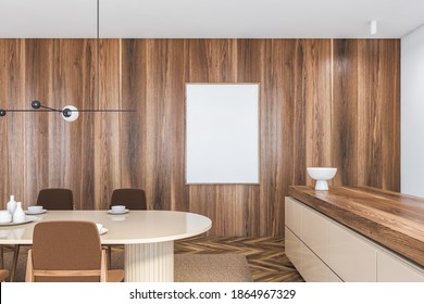 Mockup Canvas Frame In Wooden Dining Room With Parquet Floor And Bar Counter. Oval Table With Dishes And Chairs, Beige Counter Desk, 3D Rendering No People