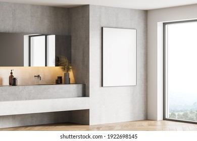 Mockup Canvas Frame In Wooden Grey Bathroom With Sink And Mirror, Side View. Minimalist Light Grey Design Of Modern Parquet Floor Bathroom 3D Rendering, No People