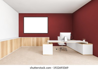 Mockup Canvas Frame In Wooden And Red Consulting Room With Table And Computer On Beige Floor. White And Red Interior Of Business Manager Room With Light Floor, 3D Rendering No People