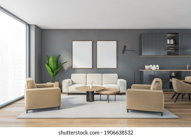 Mockup Canvas Frames In Grey Living Room With Beige Sofa And Armchairs, Coffee Table On Carpet, Parquet Floor. Living Room With White Couch, 3D Rendering No People