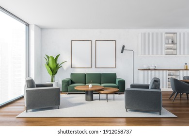 Mockup Canvas Frames In White Living Room With Green Sofa And Grey Armchairs, Coffee Table On Carpet, Parquet Floor. Living Room With Green Couch, 3D Rendering No People