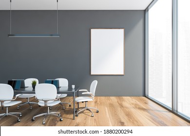 Mockup Canvas In Grey And Wooden Office Room With Parquet, Chairs And Tables With Laptops, Near Large Window With City View. Modern Minimalist Office Room 3D Rendering, No People