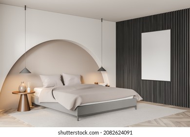 Mockup Canvas In Modern Beige Bedroom With Arch Over Bed, Wall Paneling, Pendant Lamps, Wooden Bedside Tables And Parquet Floor. Contemporary Interior Design Concept. Corner View. 3d Rendering