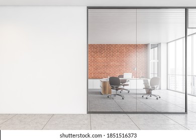 Mockup Canvas In Office Near Private Client Room With Table And Laptop, Leather Chairs And Large Window. Brick Wall In Separate Office Room With Modern Furniture 3D Rendering, No People