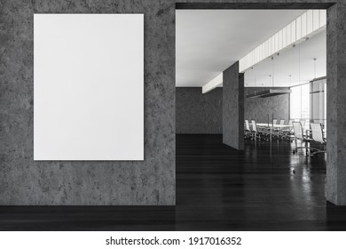 Mockup Canvas On Grey Wall, Dark Business Office Room With Conference Room Behind Glass Doors. Dark Business Open Space Workplace With Furniture, 3D Rendering No People