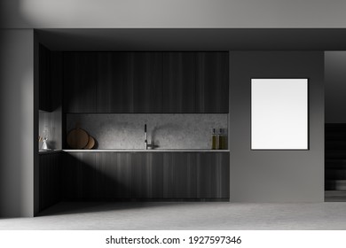 Mockup Canvas Poster In Grey And Wooden Minimalist Kitchen Set, Front View. Dark Modern New Kitchen With Marble Floor, 3D Rendering No People