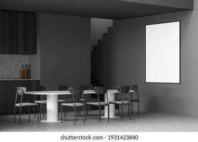 Mockup Canvas Poster In Grey And Wooden Minimalist Kitchen, Side View, Dining Table With Chairs And Stairs. Eating Table In Modern Kitchen, 3D Rendering No People