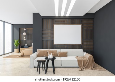 Mockup Canvas Poster In Living Room With White Couch, Background Of Bedroom With Bed And Plant. Black Coffee Tables And Light Furniture, 3D Rendering No People