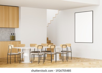 Mockup Canvas Poster In Wooden Minimalist Kitchen, Side View, Dining Table With Chairs And Stairs. Eating Table In Modern Kitchen, 3D Rendering No People