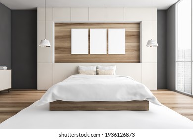 Mockup Canvas Three Posters Above Bed With Pillows, Carpet And Parquet Floor. Wooden Bedroom With City View, 3D Rendering No People