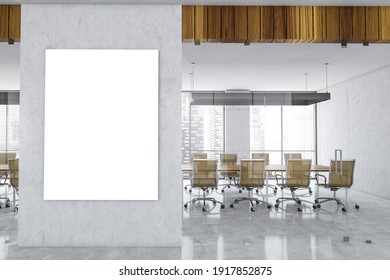 Mockup Canvas In White Conference Room With Beige Armchairs And Wooden Table. Office Minimalist Furniture Behind Glass Doors In Business Office, 3D Rendering No People