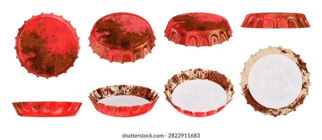 Mockup collection of weathered rusty red crown cork bottle caps displayed from multiple angles including top bottom and side profiles. 3D Rendering. 3D Illustration