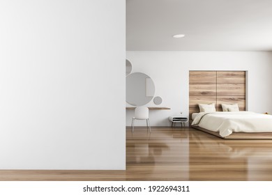 Mockup Copy Space In Beige Sleeping Room, Bed And Chair With Desk On Parquet Floor. Minimalist Design Of Bedroom With Coffee Table, 3D Rendering No People