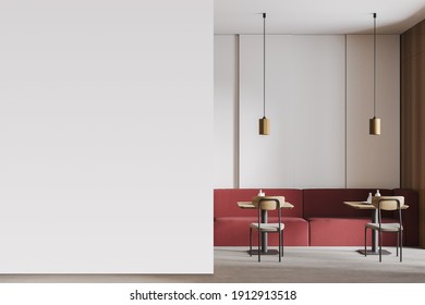 Mockup Copy Space In Cafe With Chairs And Table, Red Sofa. Wooden And White Design Of Restaurant. Wooden Chairs And Table With Lamps, 3D Rendering No People