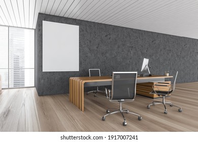 Mockup Copy Space Canvas In Grey And Wooden Office Room With Black Armchairs And Table With Computer On Parquet Floor, 3D Rendering No People