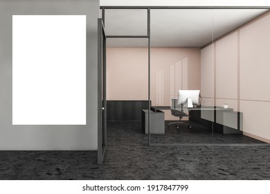 Mockup Copy Space In Grey Office Room With Private Consulting Manager Room Behind Doors, Front View, Black Floor. Furniture And Computers, 3D Rendering No People