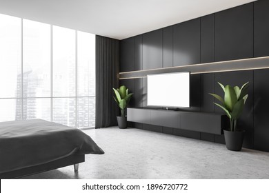 Mockup Copy Space On TV Set Screen In Black And Grey Bedroom, Side View. Minimalist Sleeping Room With Window On Marble Floor, 3D Rendering No People