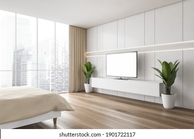 Mockup Copy Space On TV Set Screen In Beige And Wooden Bedroom, Side View. Minimalist Sleeping Room With Window On Parquet Floor, 3D Rendering No People