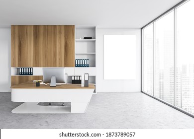 Mockup Copy Space In White Light Office With Shelf, Chair And Table With Computer, On Marble Floor Near Window. Business Luxury Office Room For One Office Worker, 3D Rendering No People