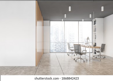 Mockup Copy Space In White And Wooden Office Consulting Room With Three Chairs And Wooden Table, Near Big Window With City View. Modern Minimalist Office Room, 3D Rendering No People