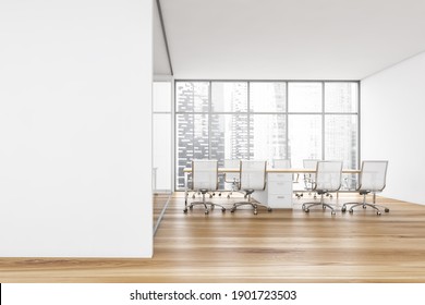 Mockup Copy Space In White And Wooden Conference Room With White Armchairs, White Table And Window With City View. Meeting Room With Furniture On Parquet, 3D Rendering No People