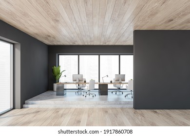 Mockup Copy Space In Wooden Black Office Room With Minimalist Furniture, Table And White Chairs And Computers. Manager Consulting Room With Modern Furniture And Plant, 3D Rendering No People