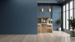 Mockup Dark Blue Wall In Kitchen And Minimalist Interior Design.3d Rendering