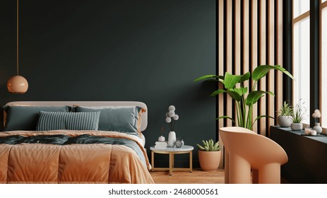 Mockup dark green wall in bedroom interior- 3D rendering - Powered by Shutterstock