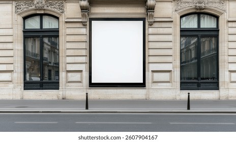 A mockup of an empty, blank white poster on the side of a street