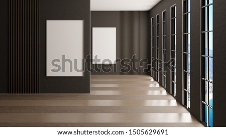 Mockup with an empty frame on a wall. Empty office with panoramic windows. 3D rendering.