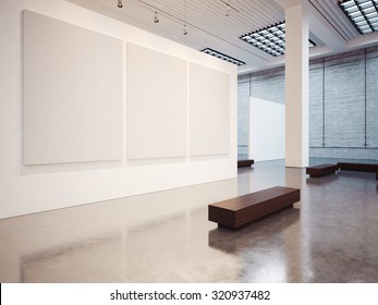 Mockup Of Empty Gallery With Bench. 3d Render