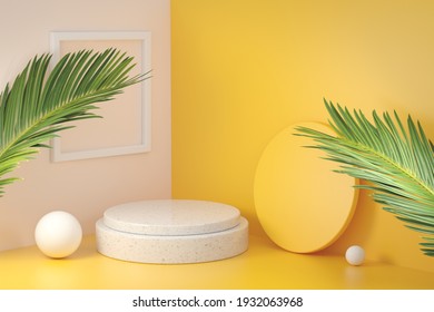 Mockup Empty Platform Yellow Corner Room With Palm Leaf Abstract Background 3d Render
