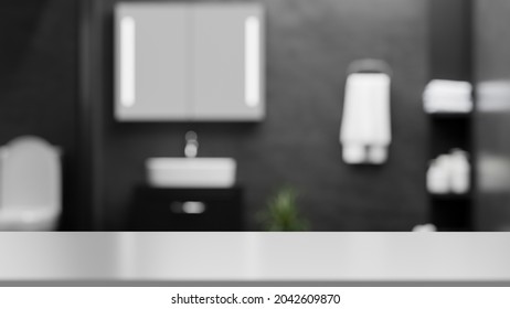 Mockup Empty Space On Tabletop For Product Display Montage Over Blurred Modern Dark Loft Bathroom Interior. 3d Rendering, 3d Illustration