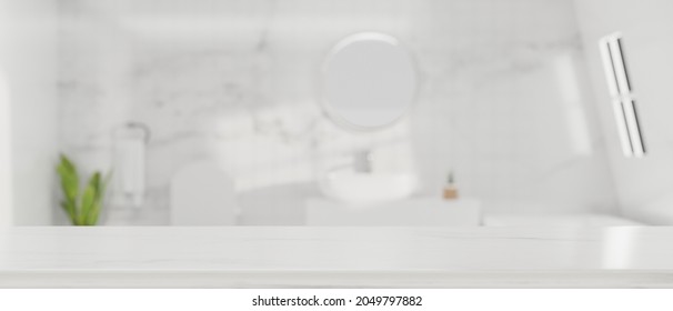 Mockup empty space for product display montage on white tabletop with blurred modern bright bathroom in background. 3d rendering, 3d illustration - Shutterstock ID 2049797882