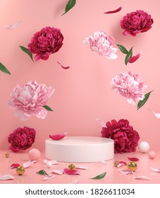 Mockup Empty White Podium With Floral Peonies Flower Pink And Red Falling On The Floor With Pink Pastel Background 3d Render