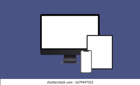 Mockup Expensive Laptop, Computer Monitor And Phone Background With Blank White Monitor On Dark Blue Background. 3d Render. IMac IPad IPhone