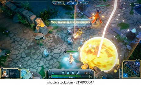 Mock-up of Fantasy RPG MOBA Video Game Gameplay with Role Playing Character Doing Magic Attacks with Lots of Explosions and Spells. Exciting Gaming With Friends on Online Server.