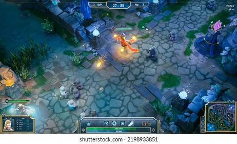 Mock-up Of Fantasy RPG MOBA Video Game Gameplay With Role Playing Character Doing Animated Magic With Lots Of Explosions And Spells. Fun Computer Gaming With Friends On Online Server.