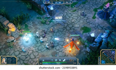 Mock-up of Fantasy RPG MOBA Video Game Gameplay with Role Playing Character Doing Magic Attacks with Lots of Explosions and Spells. Professional Computer Gaming With Friends on Online Server.