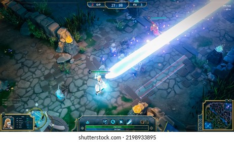 Mock-up of Fantasy RPG MOBA Video Game Gameplay with Role Playing Character Doing Magic Attacks with Lots of Explosions and Spells. Fun Computer Gaming With Friends on Online Server.