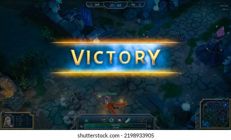 Mock-up Of Fantasy RPG MOBA Video Game Gameplay With Role Playing Character Doing Magic With Lots Of Explosions And Spells. Professional Computer Gaming With Friends On Online Server.