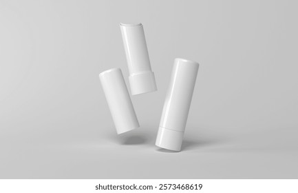  mockup flying empty white packing chapstick or lip balm. 3D Illustration