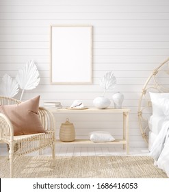 Mockup Frame In Bedroom Interior 
Background, Coastal Boho Style, 3d Render