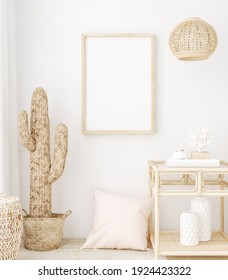 Mockup Frame In Bedroom Interior Background, Coastal Boho Style, 3d Render