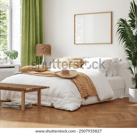 Mockup frame in bedroom interior background, Coastal boho style, 3d render