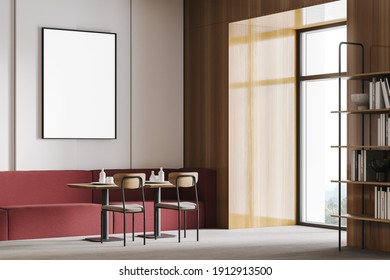 Mockup Frame Canvas Above Red Sofa In A Minimalist Cafe. Seats In Open Space Restaurant And Bookshelf Near Window, Wooden Minimalist Furniture, 3D Rendering No People