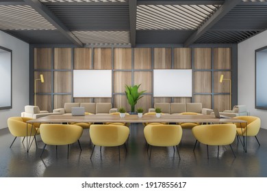 Mockup Frame Canvas In Black And Wooden Conference Room With Yellow Armchairs, Sofa And Long Table On Black Floor. Business Room With Modern Furniture, 3D Rendering No People