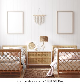 Mockup frame in children bedroom with wicker furniture, Coastal boho style, 3d render