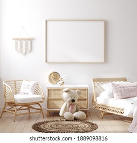 Mockup frame in children bedroom with wicker furniture, Coastal boho style, 3d render